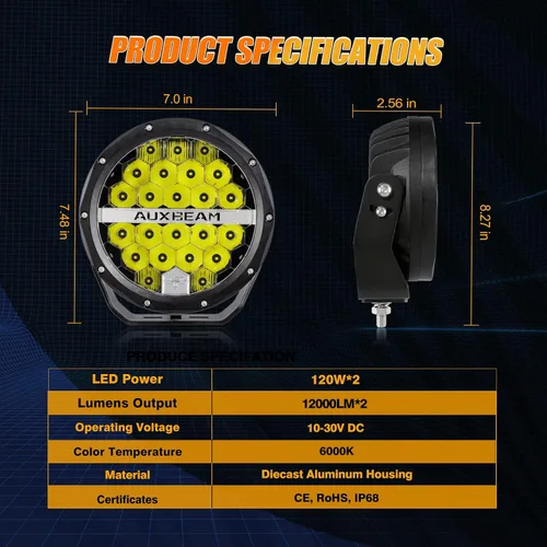 Vista 5 de Auxbeam Kit combinado de luces de conducción redondas de 7 pulgadas con cubiertas negras, 240 W, 24000 lúmenes, luces LED impermeables para todo