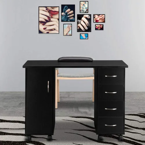 Vista 3 de Mesa rodante de manicura, estación de escritorio de uñas, estación de manicura para salón de belleza, equipo de arte de uñas con 4 cajones y Negro