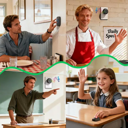 Vista 7 de Timbre inalámbrico para profesores Waterproof Door Bell Button 1000Ft Range 130dB Adjustable Volume 48 Chimes for Home Classroom Office Kids Room