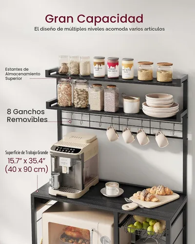 Vista 6 de VASAGLE - Estante para panadero, soporte para microondas de 35.4 pulgadas con cesta de alambre, 8 ganchos Para especias, ollas y sartenes, gris