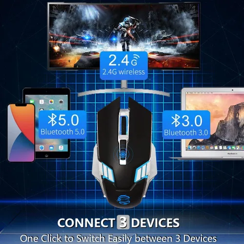 Vista 2 de Mouse Bluetooth, mouse inalámbrico recargable para juegos con teclas silenciosas, multidispositivo (BT 5.0 3.0 + USB), mouse con luz LED RGB, mouse