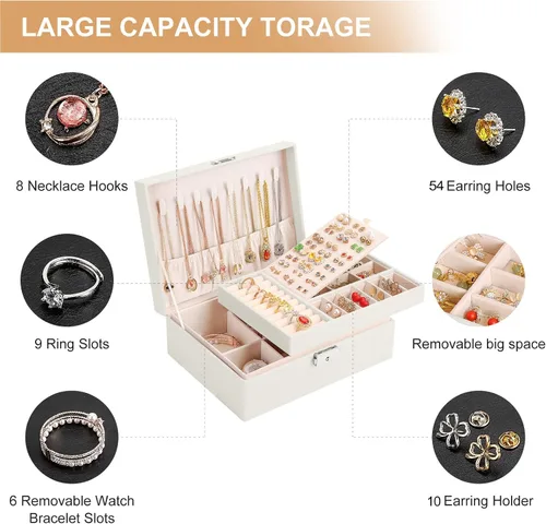 Vista 5 de Joyero organizador para mujeres y niñas, 2 capas de cuero, estuche de almacenamiento de joyas de viaje con cerradura y bandeja extraíble