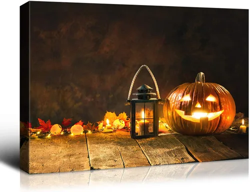 Vista 28 de Denozer - Decoración de pared de calabaza de Halloween, pósteres de regalo, decoración del hogar, arte de pared, imágenes en lienzo HD, estiradas
