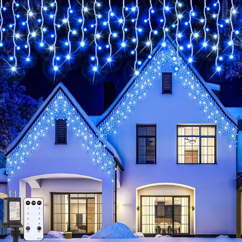 Vista 9 de Aurelema 640 luces LED de Navidad para exteriores, extra largas, 8 modos, impermeables, con 120 gotas, guirnalda de luces colgantes con control
