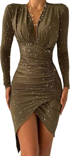 Vista 4 de Vestido ajustado para mujer, sexy, con abertura, con volantes, dobladillo recortado, floral, de manga larga, elegante, vestido de fiesta de club