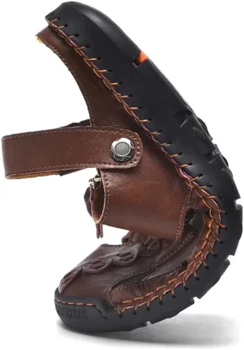 Vista 7 de MCEMACHI Men Closed Toe Leather Beach Sandals,Handmade Fashion Fisherman Waterproof Slides Sandal,Casual Water Slippers Shoes