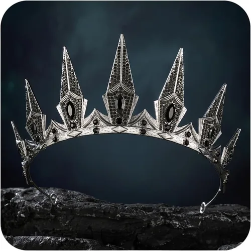 Vista 12 de SWEETV Black Gothic Crown, Witch Evil Queen Crown for Cosplay Halloween 1. negro+plata antigua