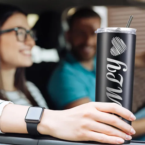 Vista 6 de Vasos delgados personalizados con tapas y pajitas, vaso delgado de acero inoxidable grabado con láser, vasos personalizados con nombre de 20 onzas