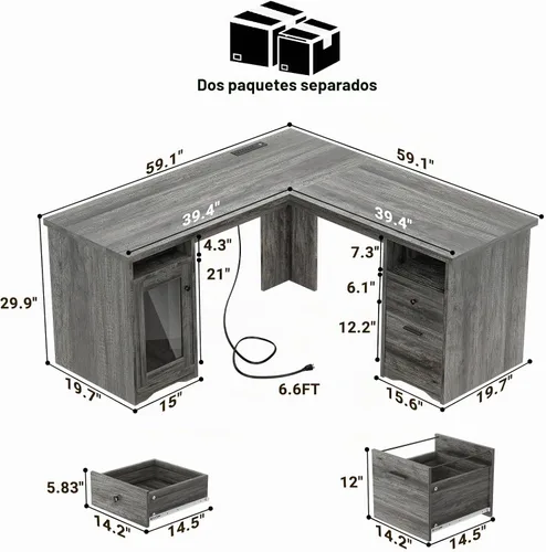 Vista 3 de Unikito Escritorio en forma de L con cajones, escritorios esquineros para computadora de 60 pulgadas con puerto de carga USB y toma de corriente