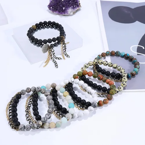 Vista 7 de Pulseras de piedra de lava natural de 0.315in para hombres, difusor de aceites esenciales de cristal curativo, pulsera de chakras, yoga, energía