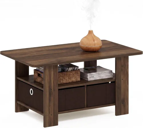 Vista 11 de Furinno Andrey - Mesa de centro con cajón de contenedor, pino ámbar/negro, pequeña parte superior sin elevación Ámbar Pino/Negro
