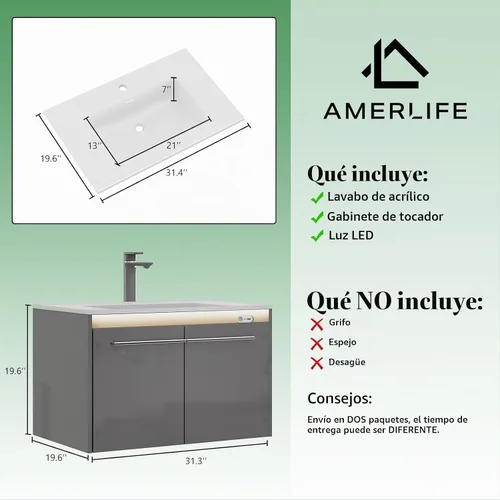 Vista 2 de AMERLIFE - Tocador de baño flotante LED de 31 pulgadas con lavabo individual, color gris