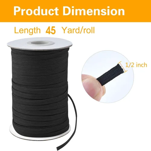 Vista 2 de Coopay Bandas elásticas planas de 45 yardas de largo, 1/2 pulgada de ancho, cuerda elástica plana para coser proyectos de bricolaje, artes y Negro