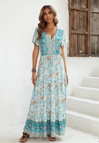 Vista 6 de R.Vivimos - Vestido de verano holgado para mujer, tela de algodón, estampado floral, manga corta