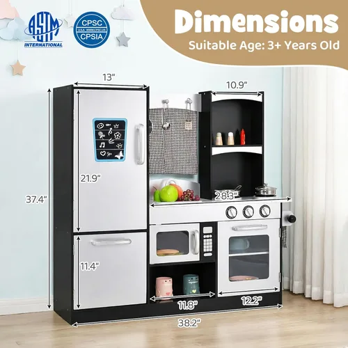 Vista 7 de Honey Joy - Juego de cocina para niños - Cocina de juguete de madera con microondas, estufa, fregadero, grifo, cortina, alacena y estante, regalo