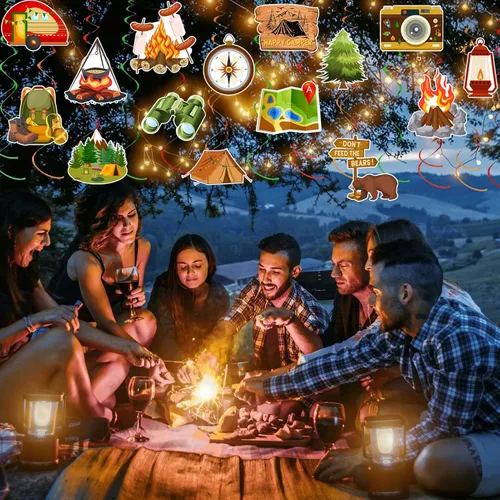 Vista 6 de 36 espirales colgantes para fiesta de campista, remolinos de fiesta temática de campamento, remolinos de verano, campamento de aventura, tienda