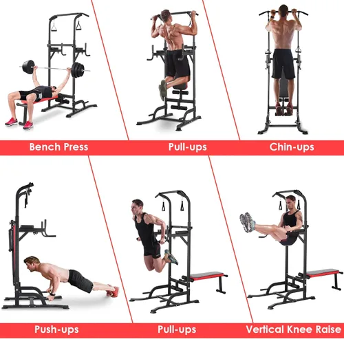 Vista 6 de Arlopu Torre de Potencia con Banco, Soporte de Barra de Dominadas, Barra de Fondos con Banco Plegable, 4 Cuerdas Entrenamiento de Fuerza, Equipo