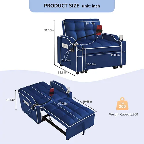 Vista 2 de Sofá cama convertible 3 en 1 de 69 pulgadas, cómodo sofá de descanso, reclinables extraíbles pequeños para espacios pequeños, canapé plegable