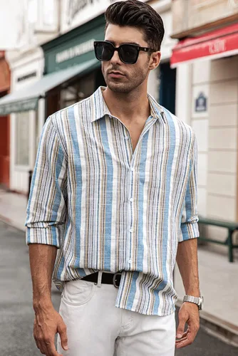 Vista 4 de JMIERR Camisas de algodón para hombre, camisa de vestir a rayas con botones y manga larga