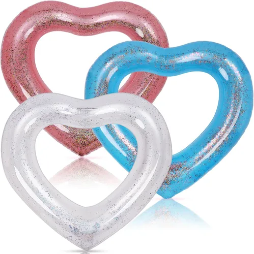 Vista 8 de Flotador inflable de 3 piezas de corazón para piscina, anillos de natación inflables con purpurina, despedida de soltera, tubo flotador, anillo