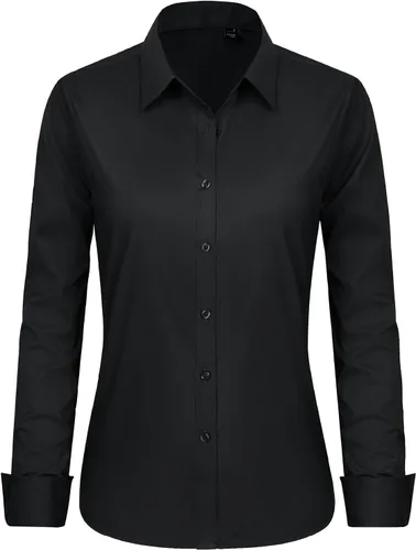 Vista 4 de Camisas de vestir para mujer, de manga larga, con botones, formales, sin arrugas, lisas, para trabajo, negocios, oficina, tops básicos