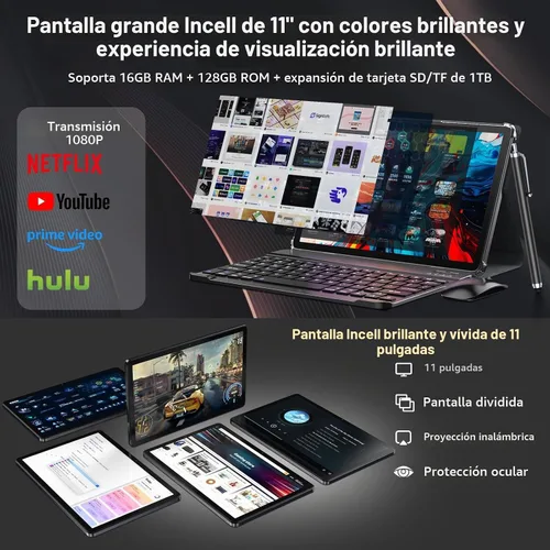 Vista 5 de Android 15 Tablet 2026 Última tableta de 11 pulgadas con teclado, 128 GB ROM 16 GB RAM 2TB Expand, 8000 mAh, tabletas Octa-Core con WiFi 5G/2.4G Gris