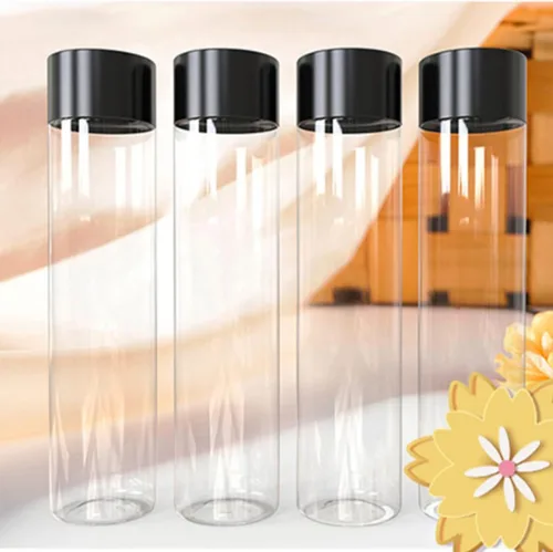 Vista 5 de Paquete de 12 botellas redondas de plástico de 16 onzas con tapas, recipientes de jugo con tapas para botella de batidos, botellas de jugo