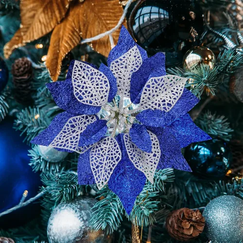 Vista 5 de Juego de 14 flores de Pascua de 8.7 pulgadas de ancho, 4 capas de flores de pascua con purpurina azul para árbol de Navidad, coronas, guirnaldas
