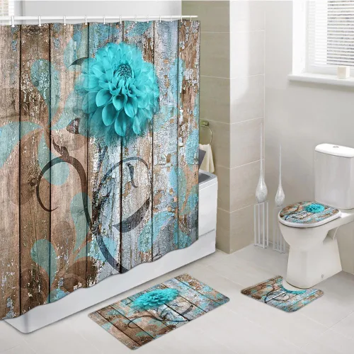 Vista 41 de JAWO Alfombra de baño con flores de granja, dalia en tablones de madera rústica, juego de tapetes de baño con flores azules, en forma de U