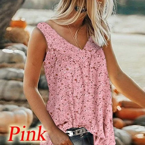 Vista 3 de Blusa casual de verano para mujer, sin mangas, con estampado floral, cuello en V, plisada, ajuste holgado, estilo casual