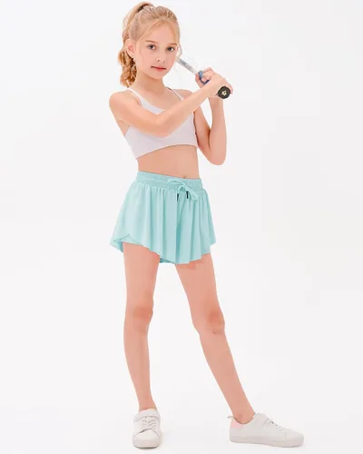 Vista 7 de Stelle Pantalones cortos con vuelo de mariposa para niñas, pantalones cortos atléticos para correr con bolsillos interiores 2 en 1, pantalones