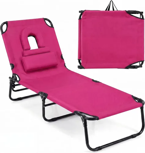 Vista 21 de Goplus Silla bronceadora, silla de playa plegable con orificio para la cara, almohada extraíble, capacidad de 350 libras, correa de transporte