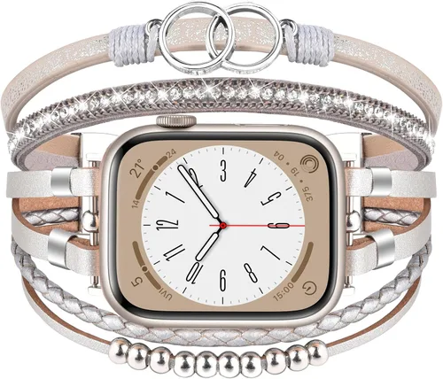 Vista 9 de MOFREE - Pulsera de cuero boho compatible con Apple Watch Band de 38, 40, 41 mm, pulsera de cuentas multicapa hecha a mano para Apple Watch, correa
