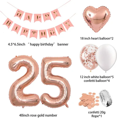 Vista 2 de Decoraciones de cumpleaños de 40 pulgadas, globos de oro rosa con el número 25, globos de confeti de oro rosa de 1 pulgada de diámetro, confeti
