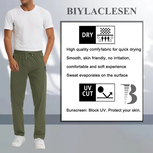 Vista 2 de BIYLACLESEN Pantalones de correr para hombre, ligeros, de secado rápido, para senderismo, con bolsillos con cremallera