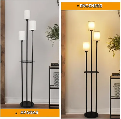 Vista 6 de Lámpara de pie con estantes, lámparas de pie modernas para sala de estar, lámpara de pie de 3 luces con pantalla de lino e interruptor de pie