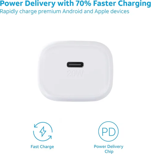 Vista 5 de AT&T Cargador de pared USB-C Adaptador de corriente de carga rápida, puntas plegables para viajes, compatible con iPhone, iPad, Samsung Galaxy 20W