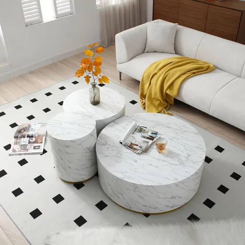 Vista 5 de WILLIAMSPACE Mesa auxiliar de madera con borde dorado y textura de mármol, mesa auxiliar redonda para espacios pequeños, mesa de sofá para sala