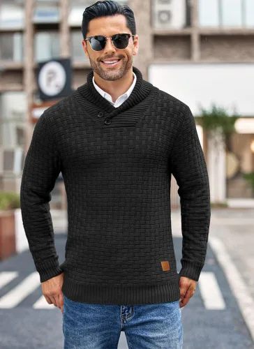 Vista 2 de COOFANDY Suéter de punto con cuello de chal para hombre, estilo casual, ajustado, con botones, texturizado