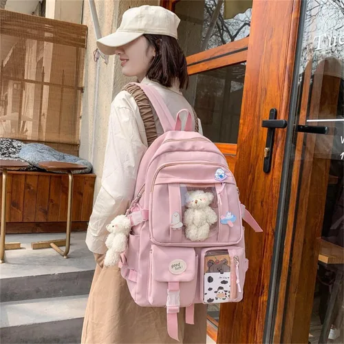 Vista 7 de MARINASUKA Mochila kawaii preciosa mochila pastel con pin Kawaii y accesorios estéticos para estudiantes adolescentes y niñas, Rosado, Mochila