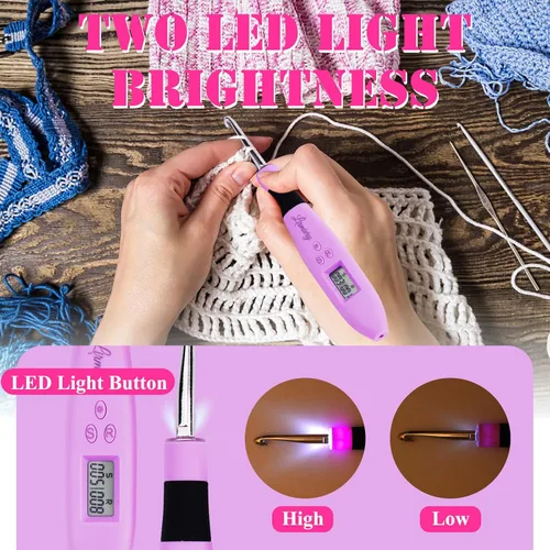 Vista 6 de Juego de Ganchos de Ganchillo con Cuenta Digital, Gancho de Ganchillo Ergonómico con Luz LED y 2 Niveles de Brillo Ajustable, Ganchos de Ganchillo