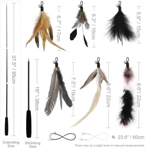 Vista 6 de SONGWAY Juego de juguetes interactivos de plumas para gatos, varita retráctil con 6 recambios de plumas con campana, juguetes de varita para gatos