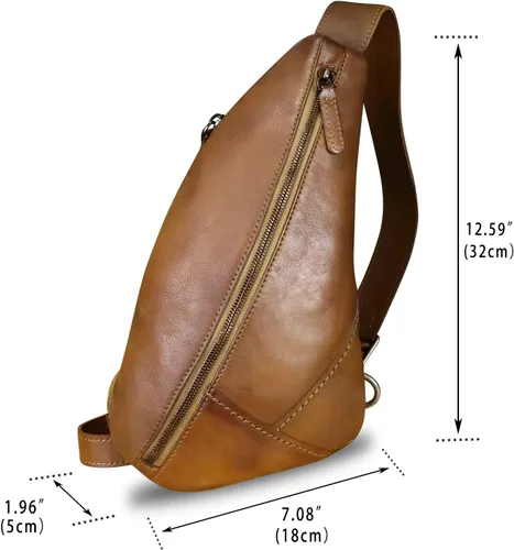 Vista 4 de LRTO Bolso de cuero genuino para mujeres y hombres, mochila de cuero vintage para el hombro, bolso cruzado en el pecho, marrón oscuro, Mochilas Sling