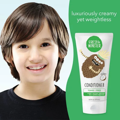 Vista 5 de Fresh Monster Acondicionador de cabello para niños, sin toxinas, hipoalergénico y natural, acondicionador para el cabello para niños, coco (6 onzas)