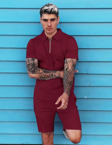Vista 3 de URRU Conjunto casual de polo y pantalones cortos de manga corta para hombre conjunto de dos piezas conjunto deportivo con cremallera para hombre