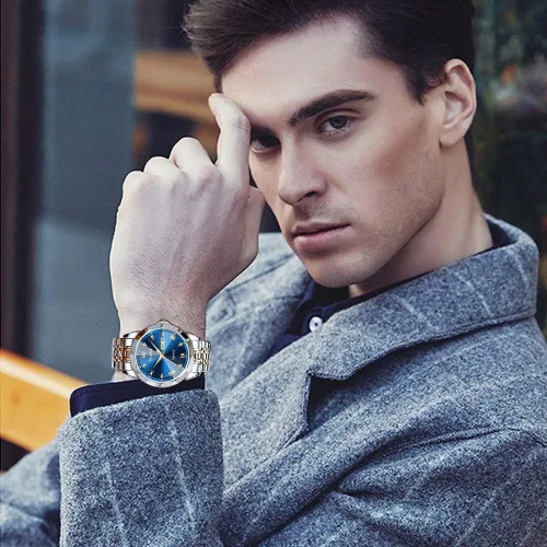 Vista 2 de OLEVS Relojes de pulsera analógicos de cuarzo con diamantes para hombre, con fecha, de dos tonos, de acero inoxidable, impermeables, luminosos