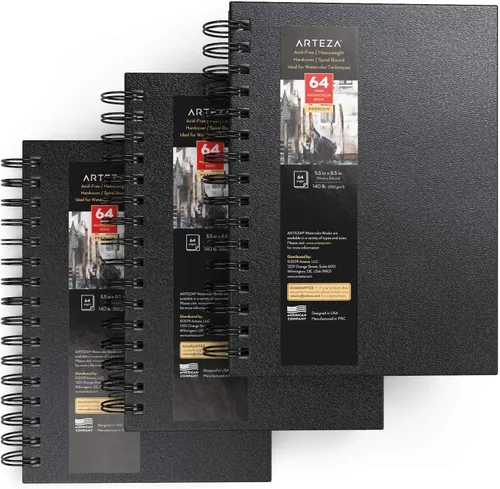 Vista 2 de ARTEZA Juego de cuaderno de bocetos de acuarela, paquete de 3, 64 páginas por libro, 5.5 x 8.5 pulgadas, cuadernos de espiral de tapa dura negra
