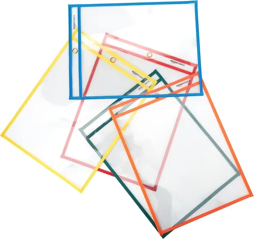 Vista 4 de Amazon Basics Portaentradas Resistentes de Borrado en Seco con Película de Plástico Transparente y Borde de Tela Multicolor, 8.5" X 11", Paquete