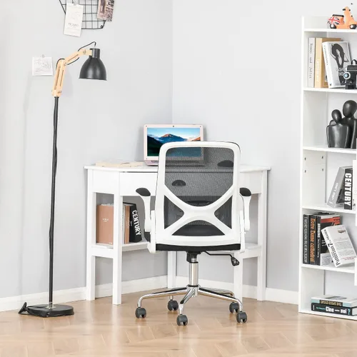 Vista 4 de HOMCOM Escritorio esquinero, escritorio triangular para computadora con cajón y estantes de almacenamiento para espacios pequeños, estación