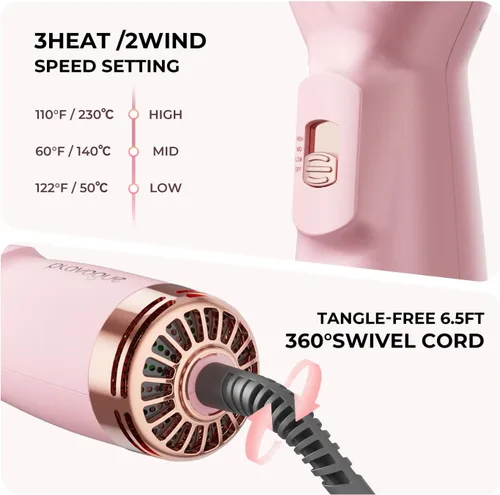 Vista 7 de PLAVOGUE Mini cepillo secador de pelo de doble voltaje, cepillo de aire caliente de viaje de 700 vatios con enchufe europeo, secador iónico de un